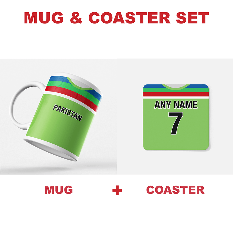 Pakistan Retro Style Home Kit Shirt Inspired Colours for Personalised Football Coaster with optional Mug. Perfect item for the Shaheens fan.