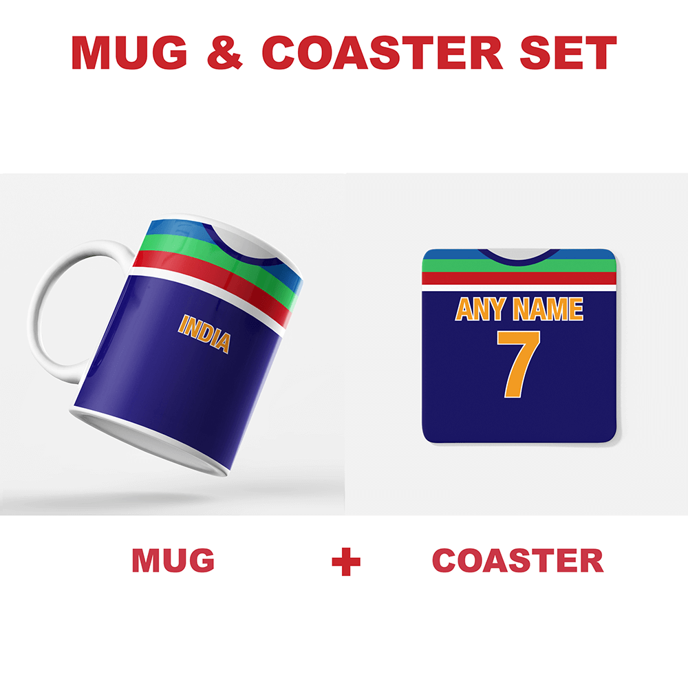 India Retro Style Home Kit Shirt Inspired Colours for Personalised Football Coaster with optional Mug. Perfect item for the Men In Blue fan.