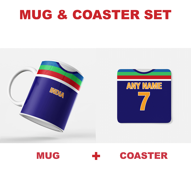 India Retro Style Home Kit Shirt Inspired Colours for Personalised Football Coaster with optional Mug. Perfect item for the Men In Blue fan.