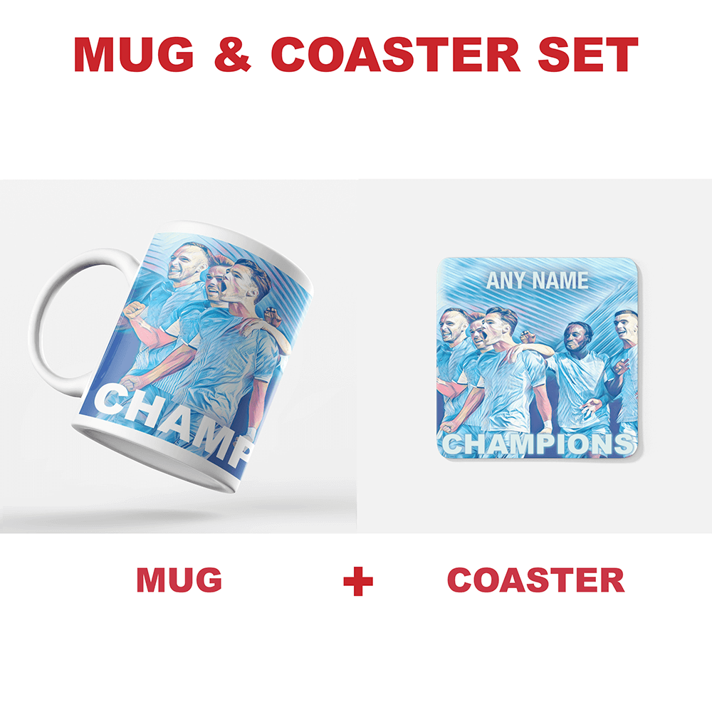 Coventry City 2019/2020 Champions Inspired Colours for Personalised Football Coaster with optional Mug. Perfect item for The Sky Blues fan.