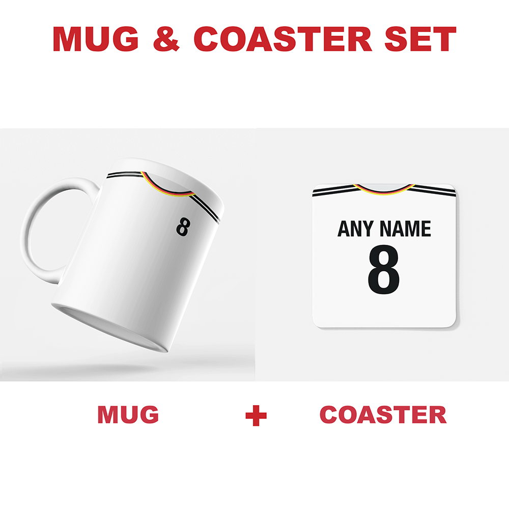 Germany Retro Style Home Kit Shirt Inspired Colours for Personalised Football Coaster with optional Mug. Perfect item for the Die Nationalelf fan.