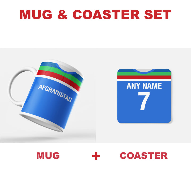 Afghanistan Retro Style Home Kit Shirt Inspired Colours for Personalised Football Coaster with optional Mug. Perfect item for the Afghan fan.