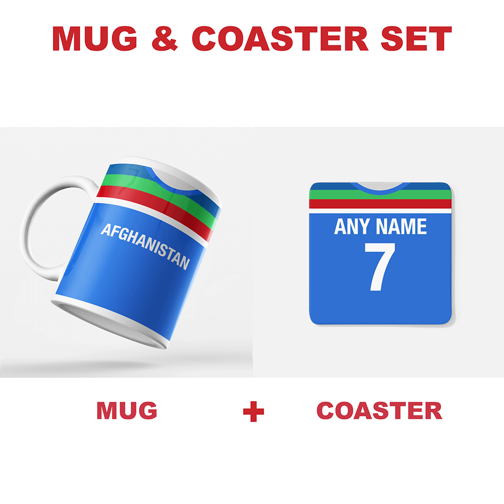Afghanistan Retro Style Home Kit Shirt Inspired Colours for Personalised Football Coaster with optional Mug. Perfect item for the Afghan fan.