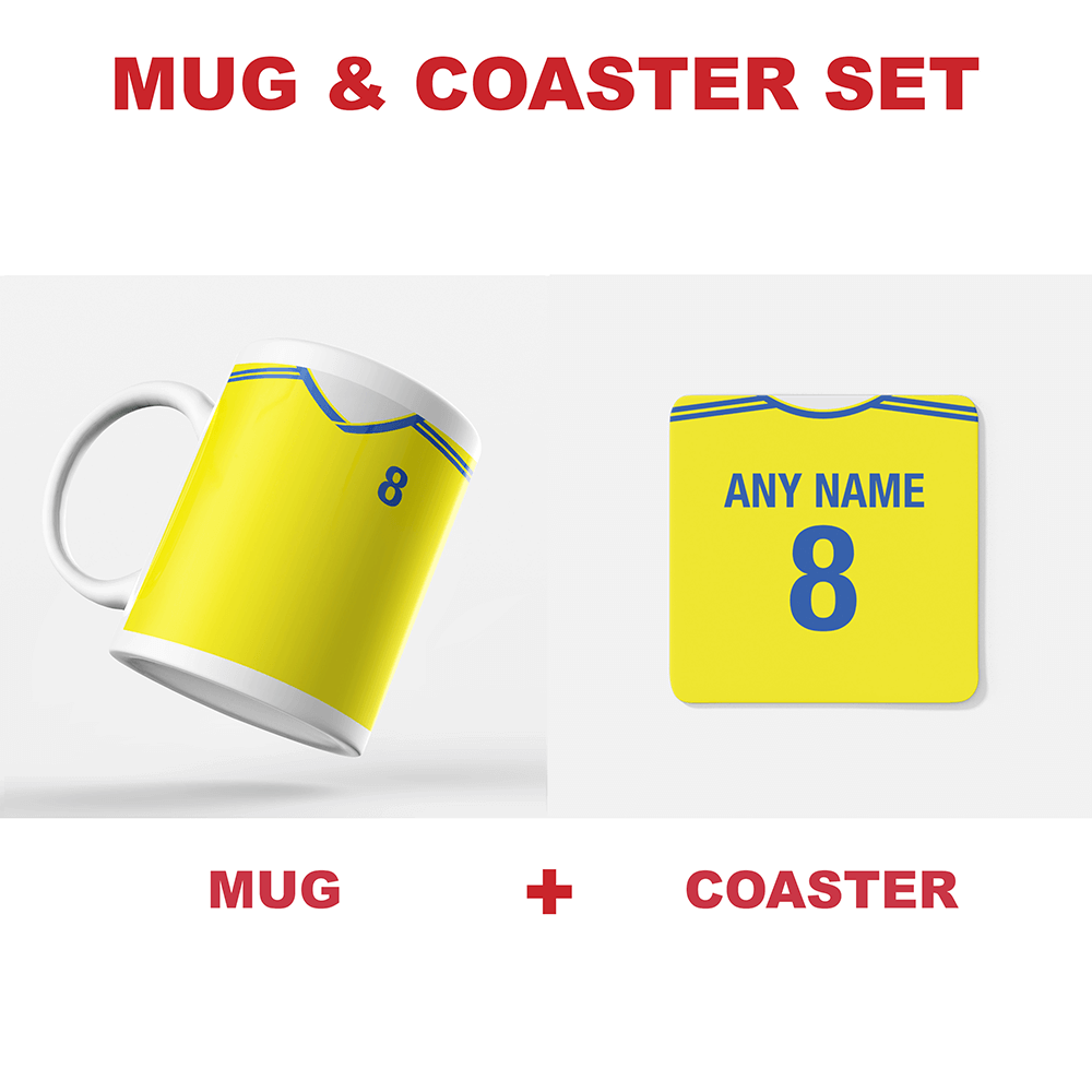 Romania Retro Style Home Kit Shirt Inspired Colours for Personalised Football Coaster with optional Mug.