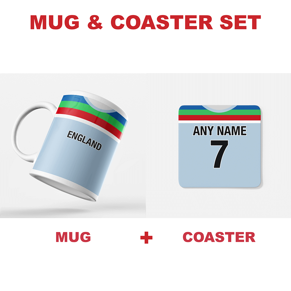England Retro Style Home Kit Shirt Inspired Colours for Personalised Football Coaster with optional Mug. Perfect item for the England fan.