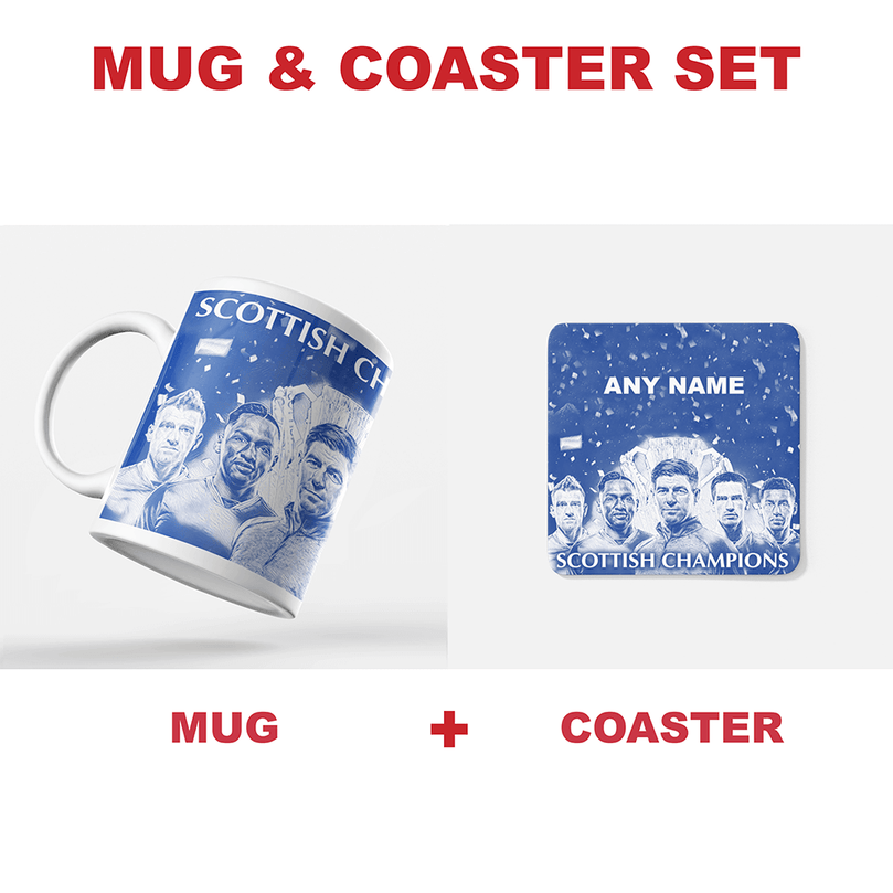Rangers 2020/2021 Scottish Champions Inspired Personalised Football Coaster with optional Mug. Perfect item for The Teddy Bears fan.