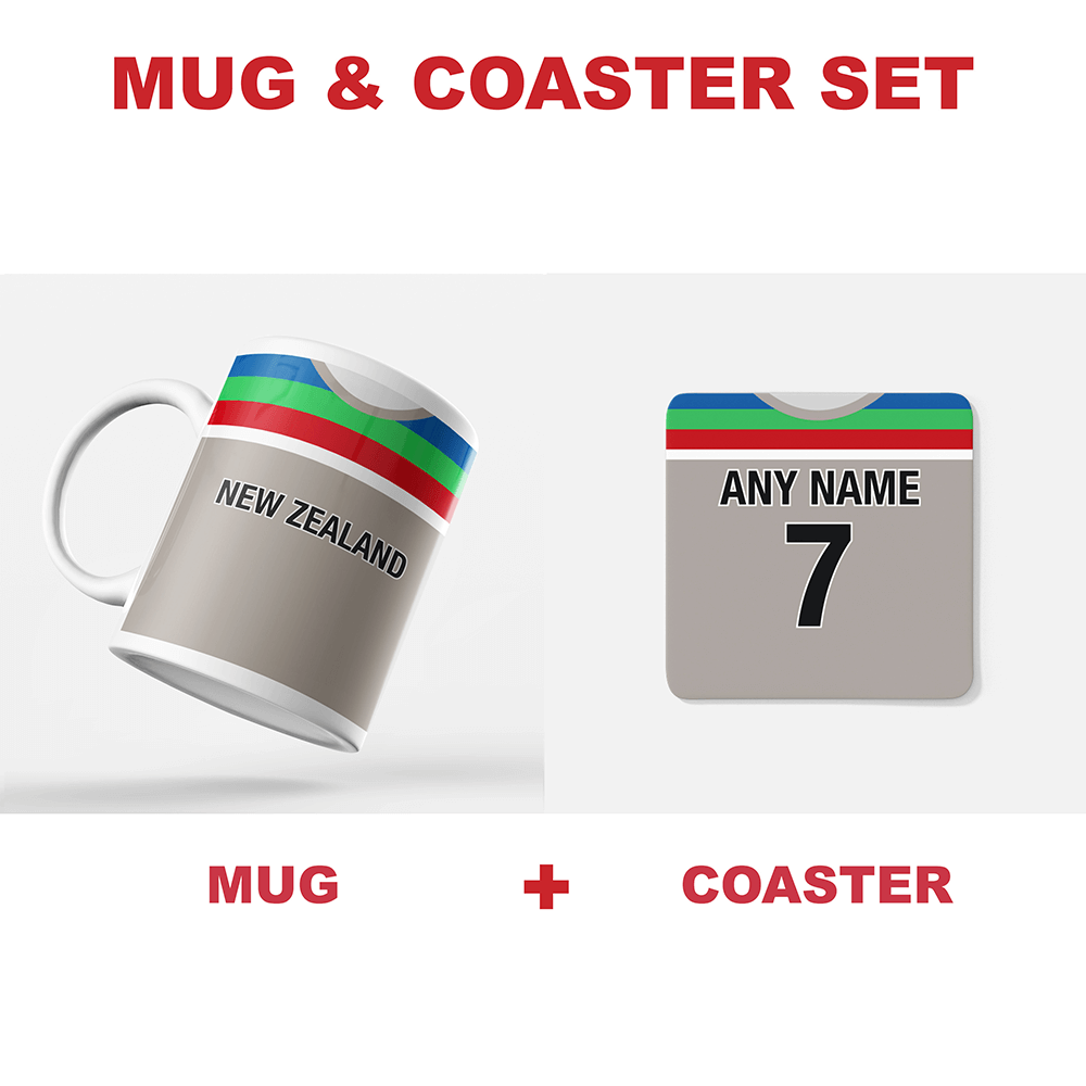 New Zealand Retro Style Home Kit Shirt Inspired Colours for Personalised Football Coaster with optional Mug. Perfect item for the Black Caps fan.