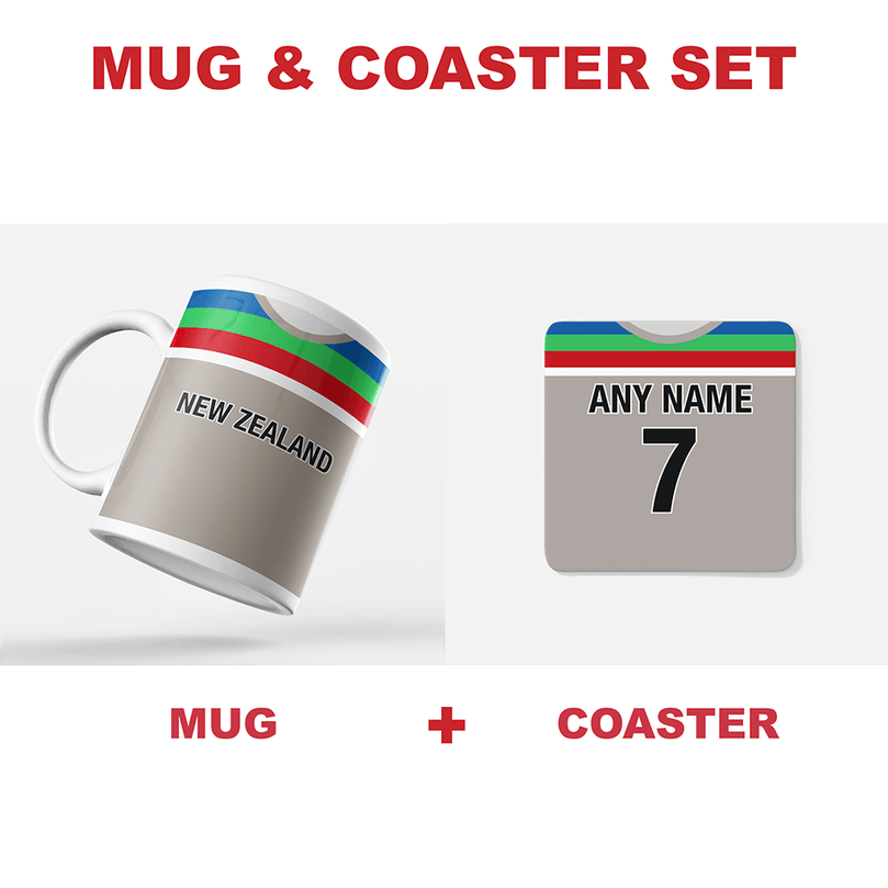 New Zealand Retro Style Home Kit Shirt Inspired Colours for Personalised Football Coaster with optional Mug. Perfect item for the Black Caps fan.