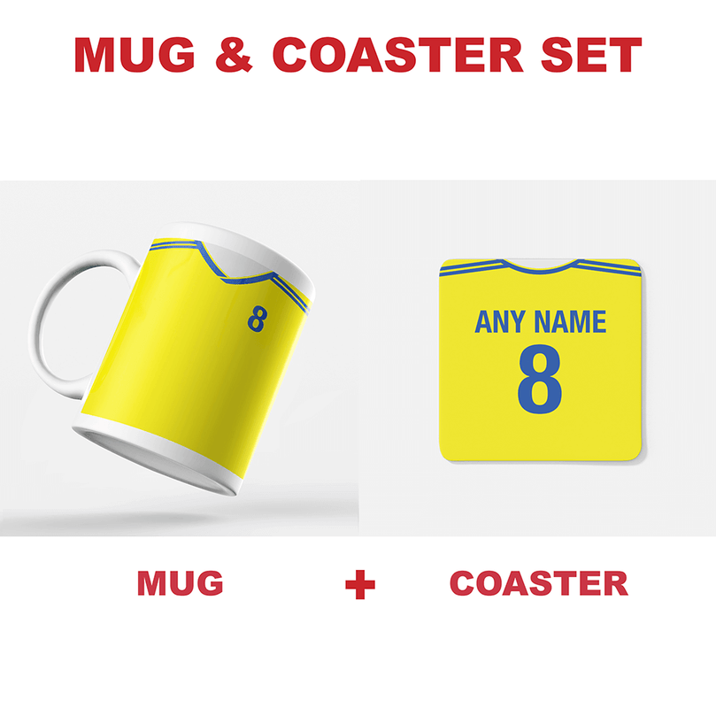Romania Retro Style Home Kit Shirt Inspired Colours for Personalised Football Mug with optional Coaster.