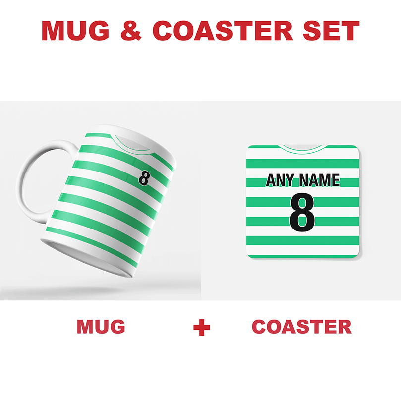 Celtic Retro Style Home Kit Shirt Inspired Colours for Personalised Football Mug with optional Coaster.