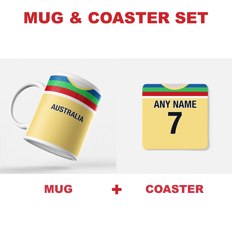 Australia Retro Style Home Kit Shirt Inspired Colours for Personalised Football Coaster with optional Mug. Perfect item for the Aussie fan.