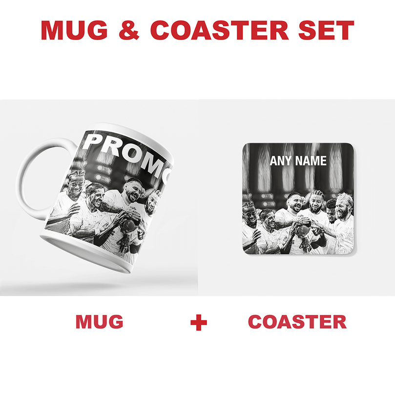 Fulham 2019/2020 Promoted Champions Inspired Colours for Personalised Football Coaster with optional Mug. Perfect item for The Cottagers fan.