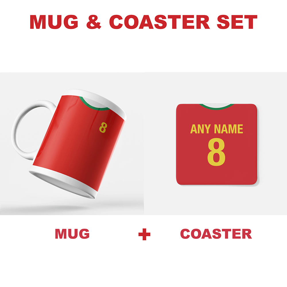 Portugal Retro Style Home Kit Shirt Inspired Colours for Personalised Football Coaster with optional Mug. Perfect item for the Selecção das Quinas fan.