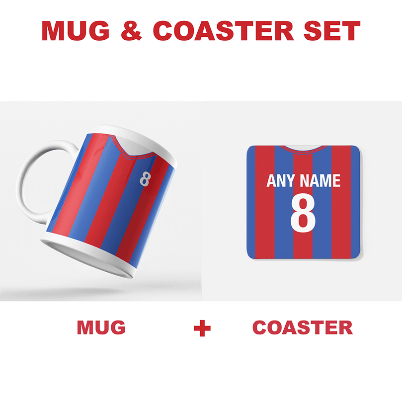 Crystal Palace Retro Style Home Kit Shirt Inspired Colours for Personalised Football Mug with optional Coaster.