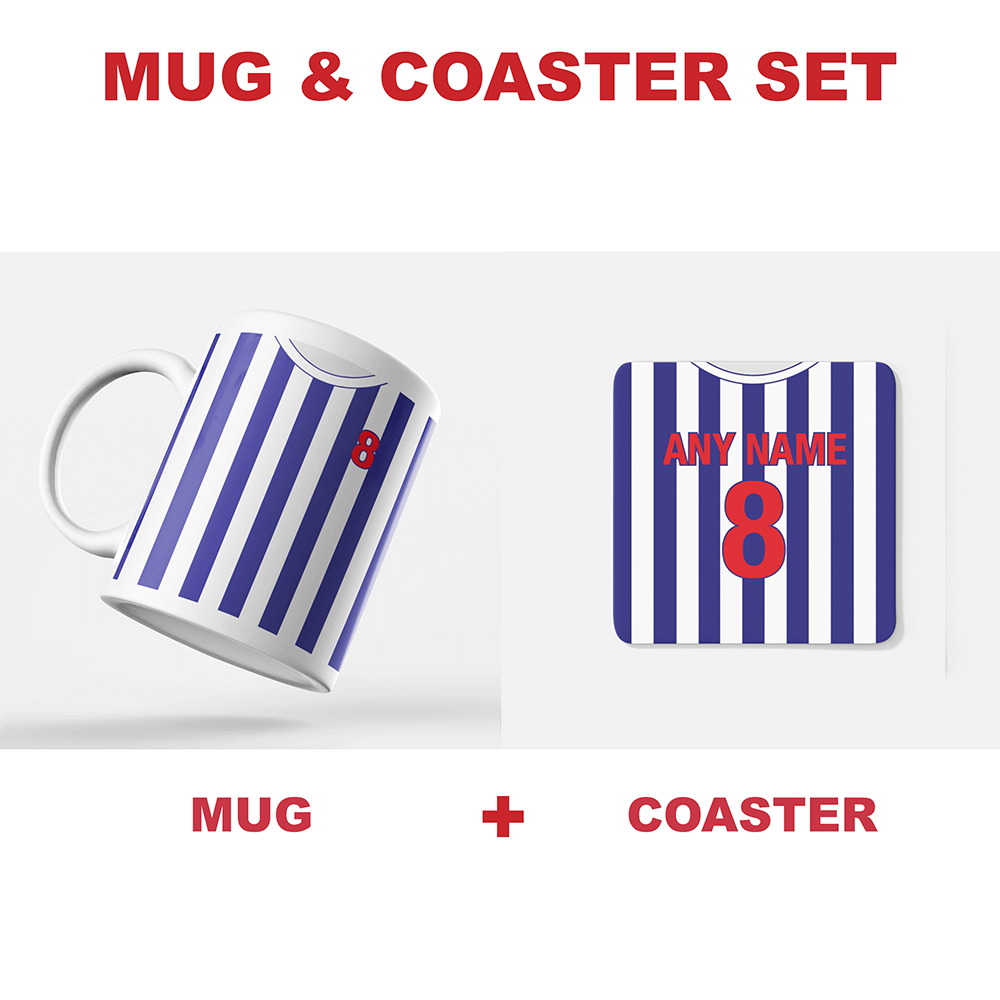 West Bromwich Albion Retro Style Home Kit Shirt Inspired Colours for Personalised Football Coaster with optional Mug.