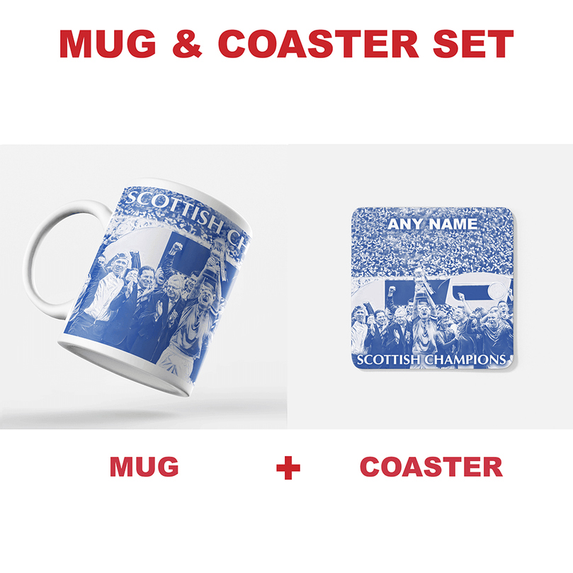 Rangers 2020/2021 Scottish Champions Inspired Personalised Football Coaster with optional Mug. Perfect item for The Teddy Bears fan.