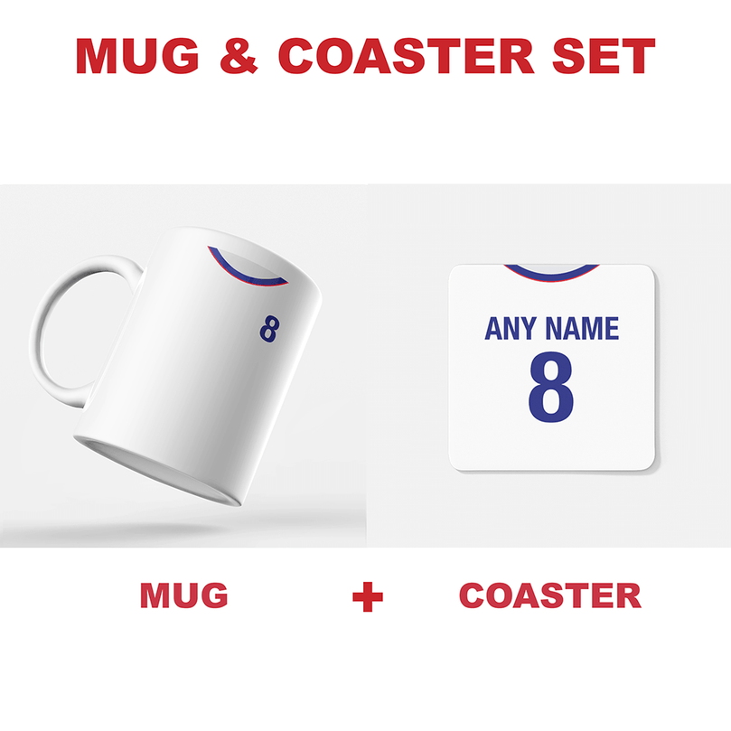 USA Retro Style Home Kit Shirt Inspired Colours for Personalised Football Coaster with optional Mug. Perfect item for The Stars and Stripes fan.