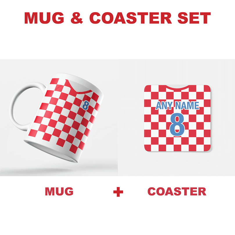Croatia Retro Style Home Kit Shirt Inspired Colours for Personalised Football Coaster with optional Mug. Perfect item for the Vatreni fan.