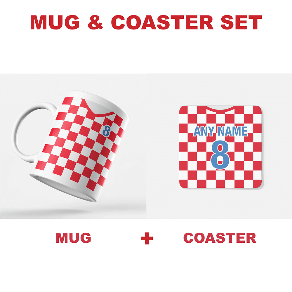 Croatia Retro Style Home Kit Shirt Inspired Colours for Personalised Football Coaster with optional Mug. Perfect item for the Vatreni fan.