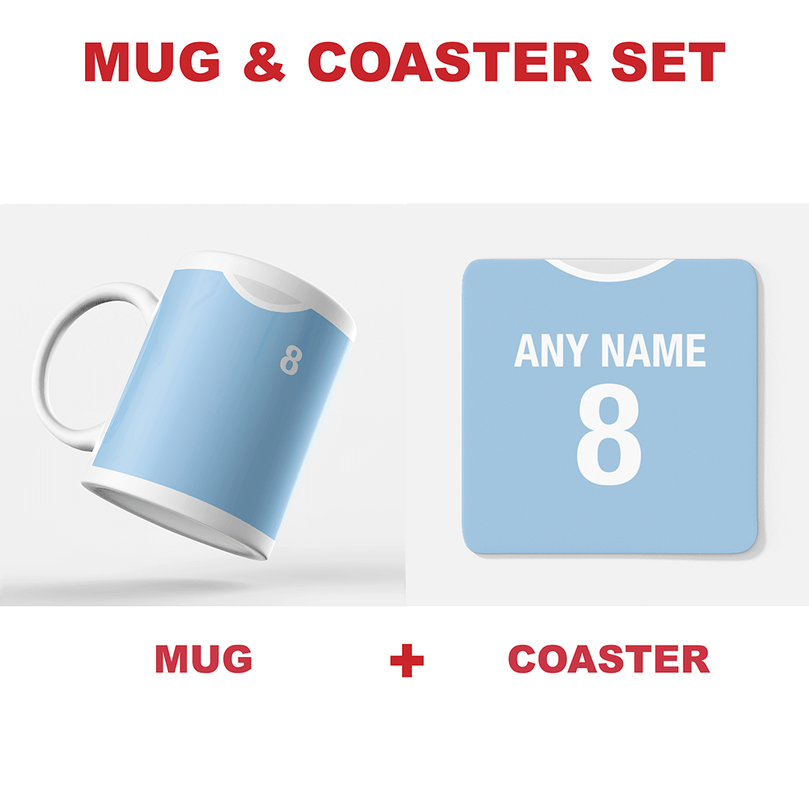 Manchester City Retro Style Home Kit Shirt Inspired Colours for Personalised Football Mug with optional Coaster.
