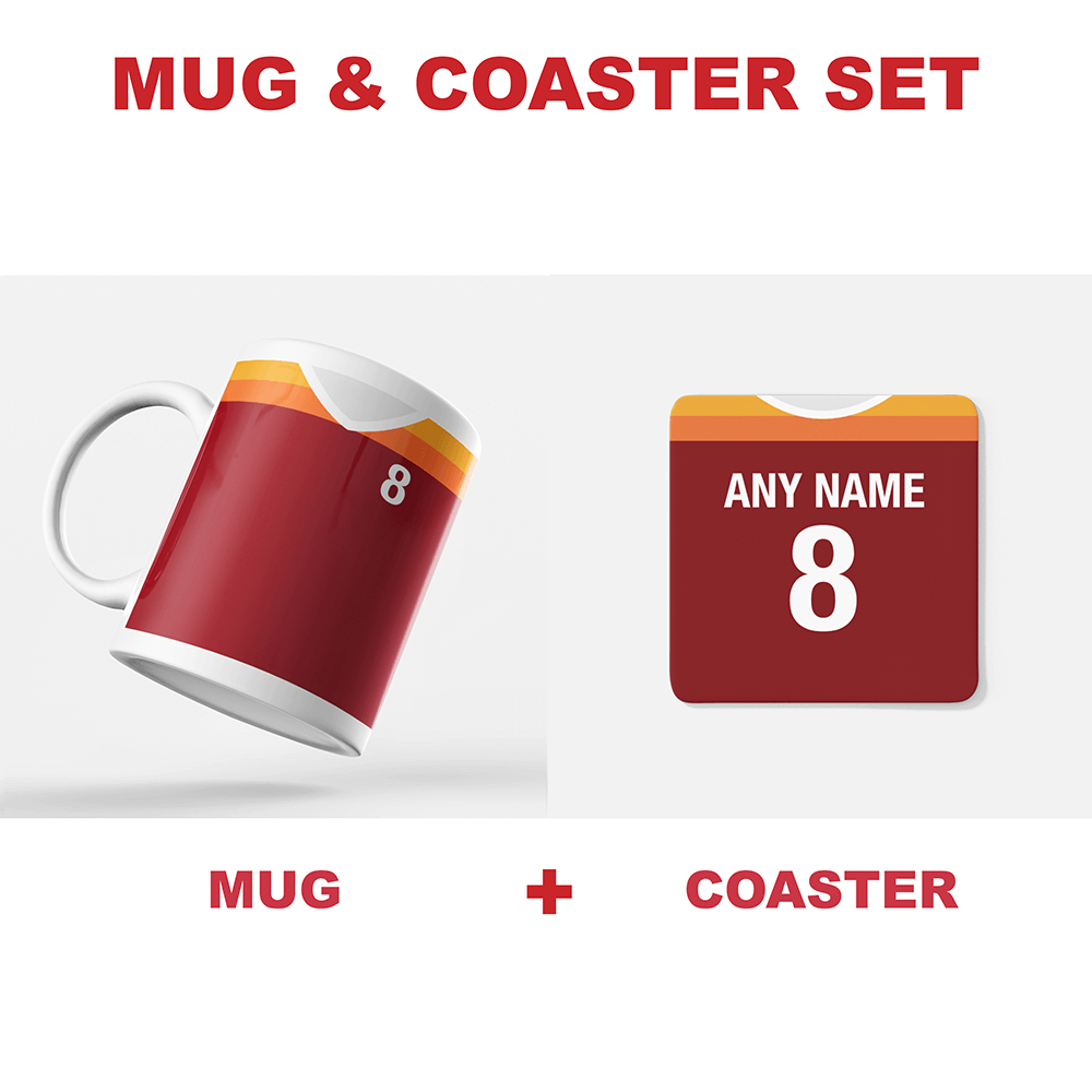 Roma Retro Style Home Kit Shirt Inspired Colours for Personalised Football Coaster with optional Mug.