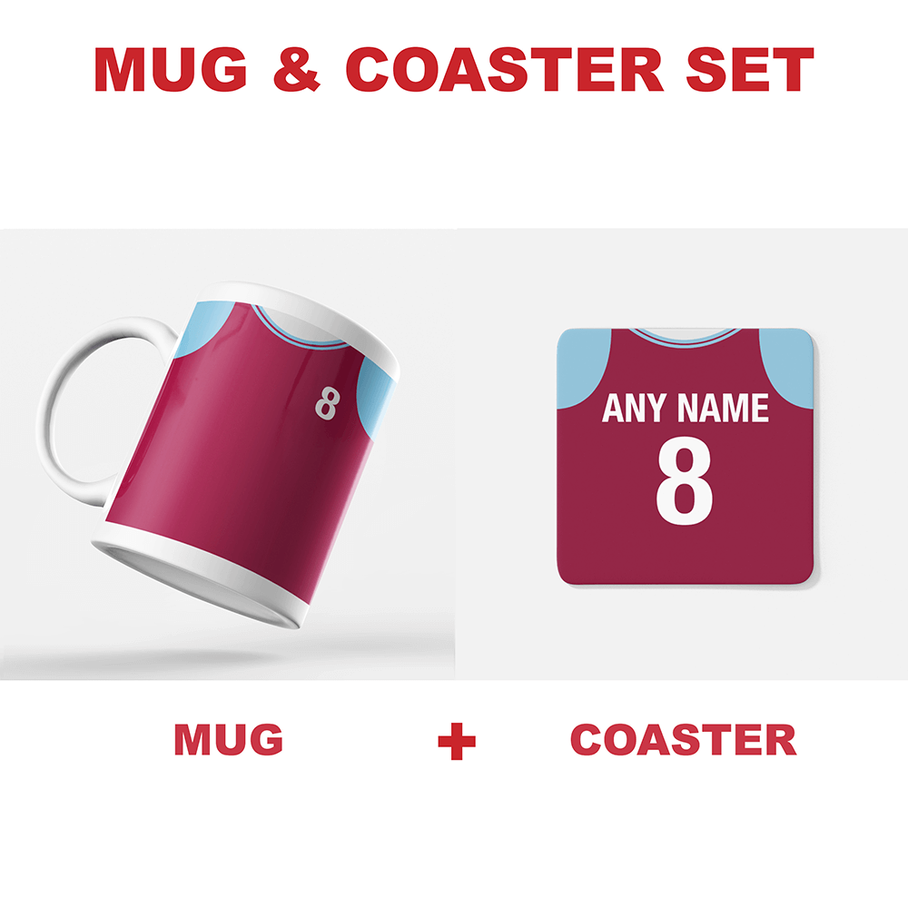 West Ham Retro Style Home Kit Shirt Inspired Colours for Personalised Football Coaster with optional Mug.