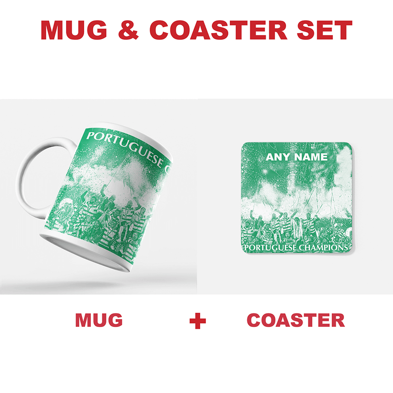 Sporting CP Lisbon 2020/2021 Portuguese Champions Inspired Personalised Football Coaster with optional Mug. Perfect item for the Leões fan.