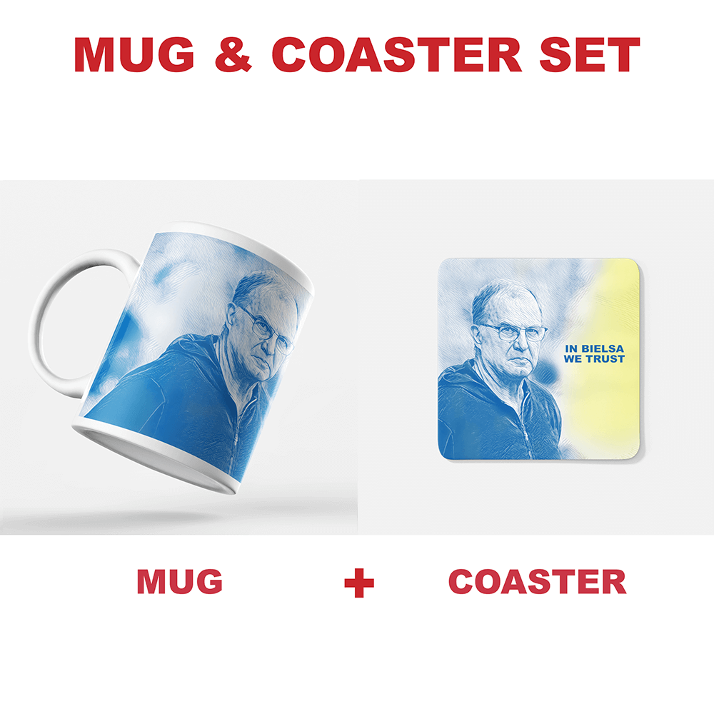 Leeds 2019/2020 Champions 'In Bielsa We Trust' Inspired Football Coaster With Optional Mug Set. Perfect item for The Peacocks fan.