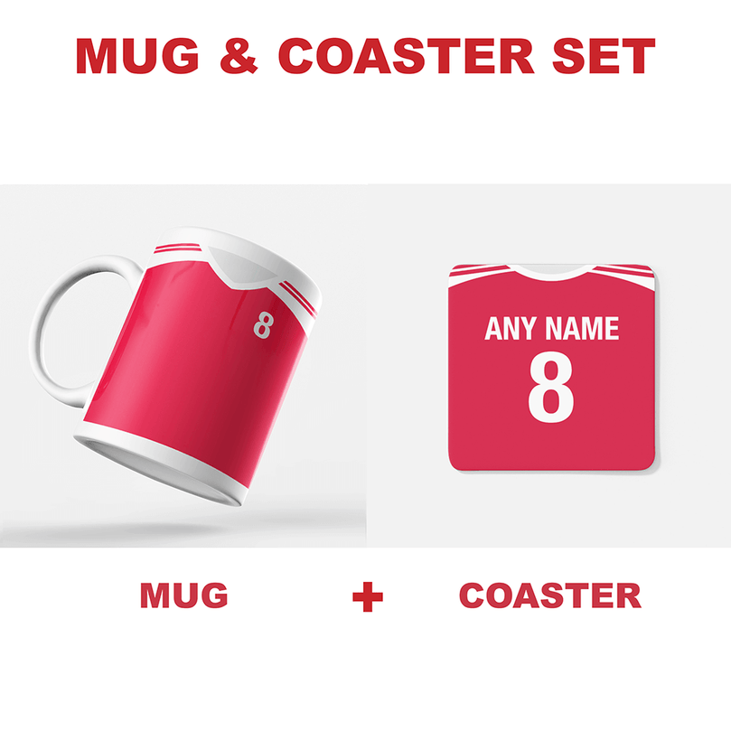 Denmark Retro Style Home Kit Shirt Inspired Colours for Personalised Football Coaster with optional Mug. Perfect item for the Danish Dynamite fan.