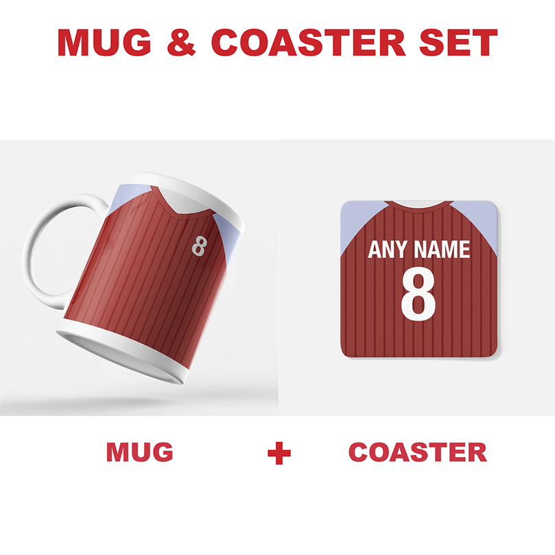 Aston Villa Retro Style Home Kit Shirt Inspired Colours for Personalised Football Mug with optional Coaster.