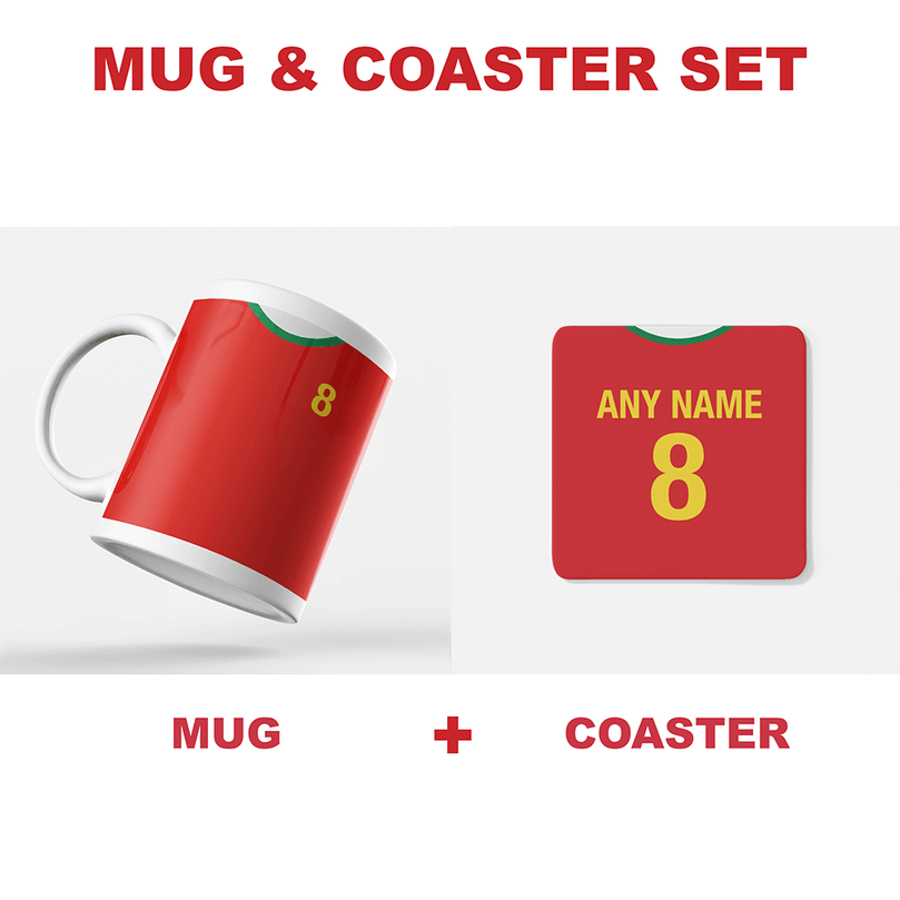 Portugal Retro Style Home Kit Shirt Inspired Colours for Personalised Football Coaster with optional Mug. Perfect item for the Selecção das Quinas fan.