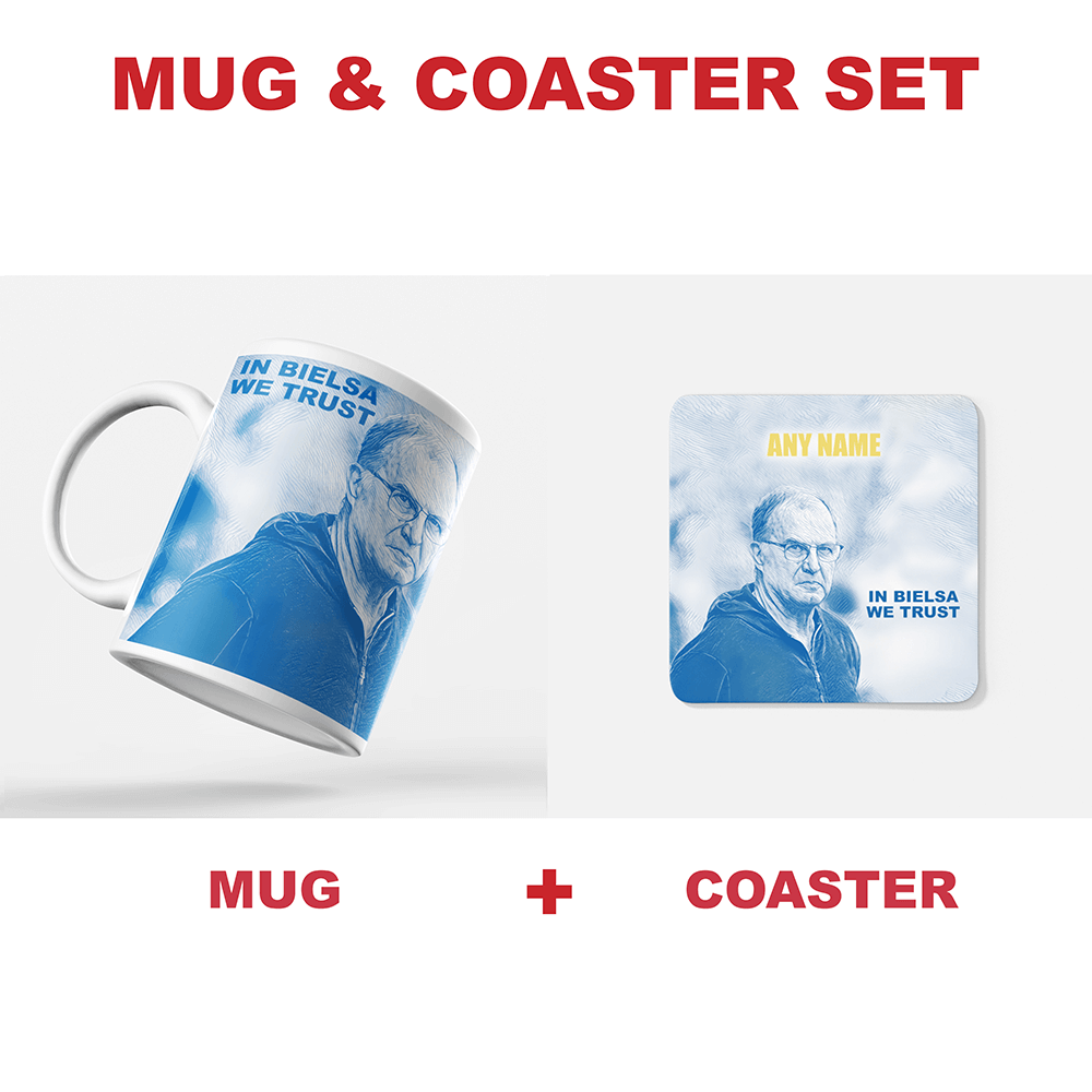 Leeds 2019/2020 Champions Inspired Colours for Personalised Football Coaster with optional Mug. Perfect item for The Peacocks fan.