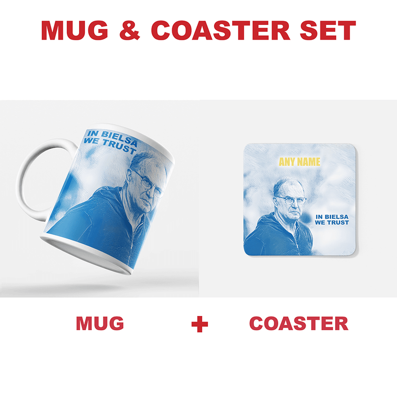 Leeds 2019/2020 Champions Inspired Colours for Personalised Football Coaster with optional Mug. Perfect item for The Peacocks fan.