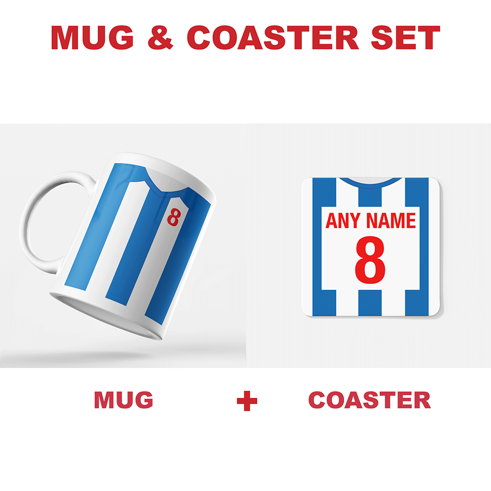 Brighton & Hove Albion Retro Style Home Kit Shirt Inspired Colours for Personalised Football Mug with optional Coaster.