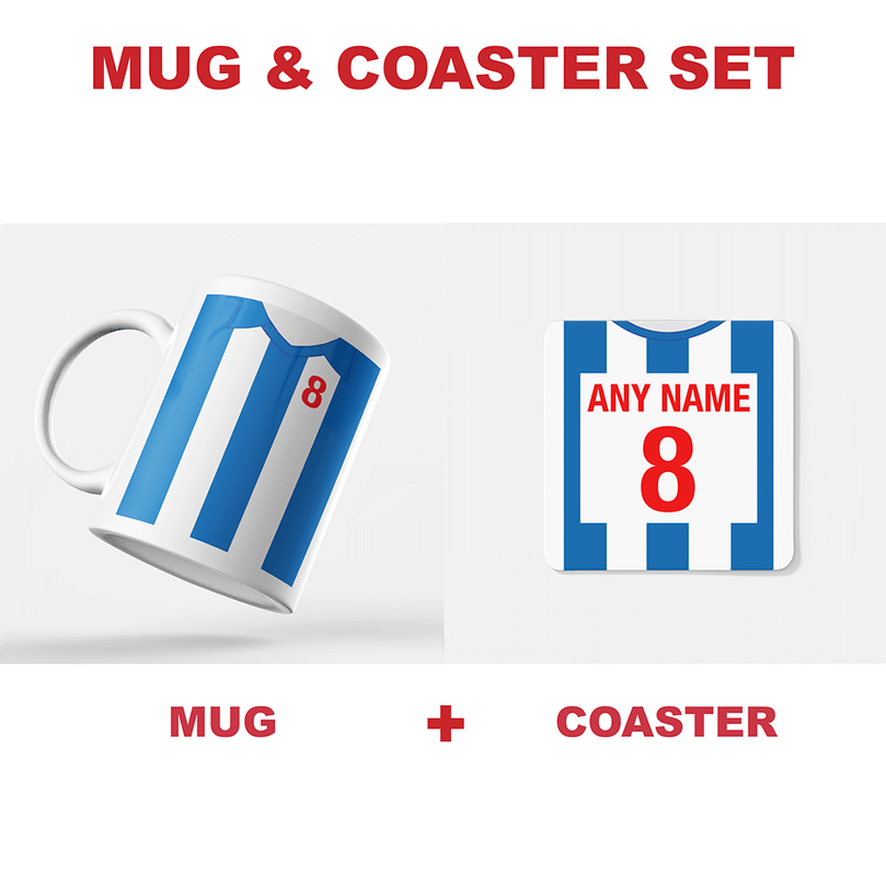 Brighton & Hove Albion Retro Style Home Kit Shirt Inspired Colours for Personalised Football Mug with optional Coaster.