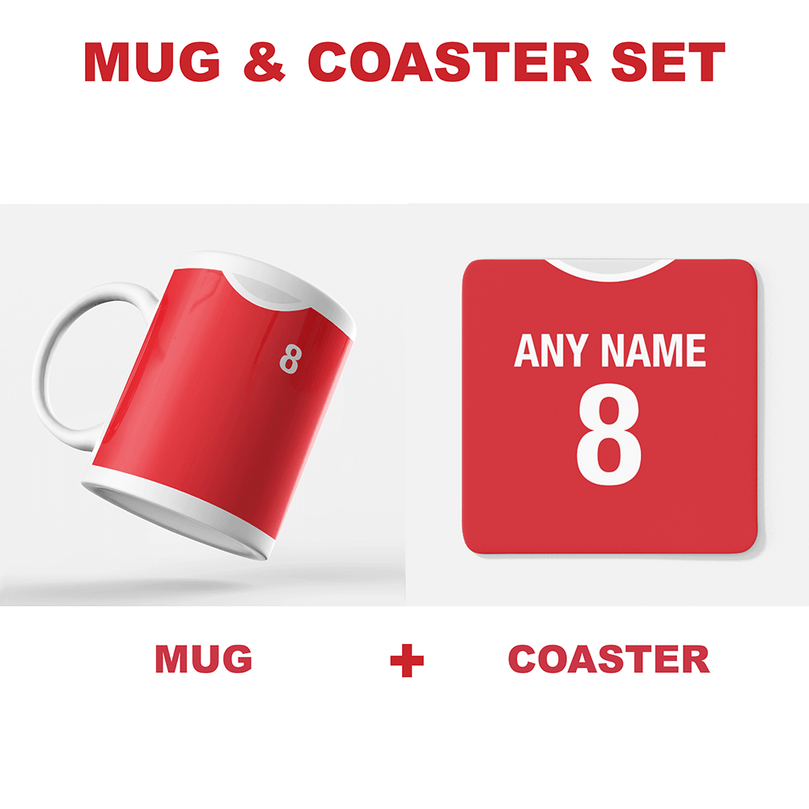 Liverpool Retro Home Kit Shirt Inspired Colours for Personalised Football Mug with optional Coaster.