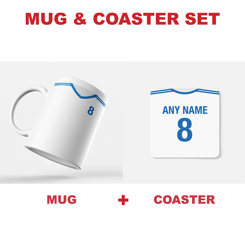 Finland Retro Style Home Kit Shirt Inspired Colours for Personalised Football Coaster with optional Mug. Perfect item for the Sinivalkoiset fan.