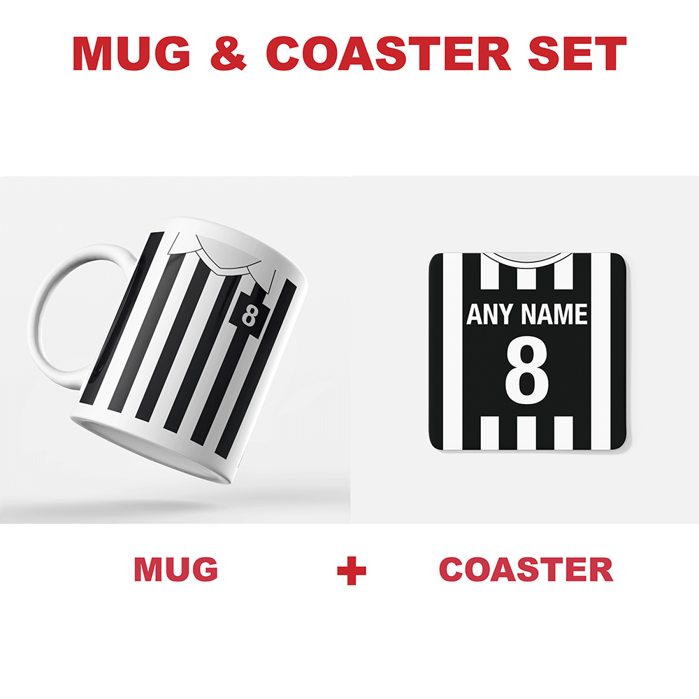 Juventus Retro Style Home Kit Shirt Inspired Colours for Personalised Football Coaster with optional Mug.