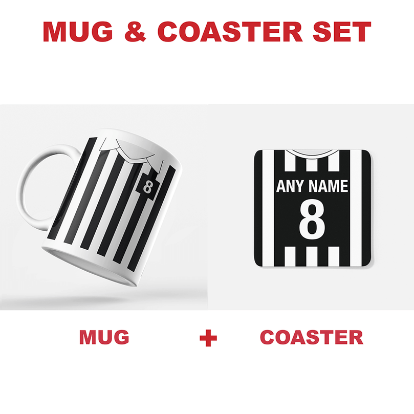 Juventus Retro Style Home Kit Shirt Inspired Colours for Personalised Football Coaster with optional Mug.