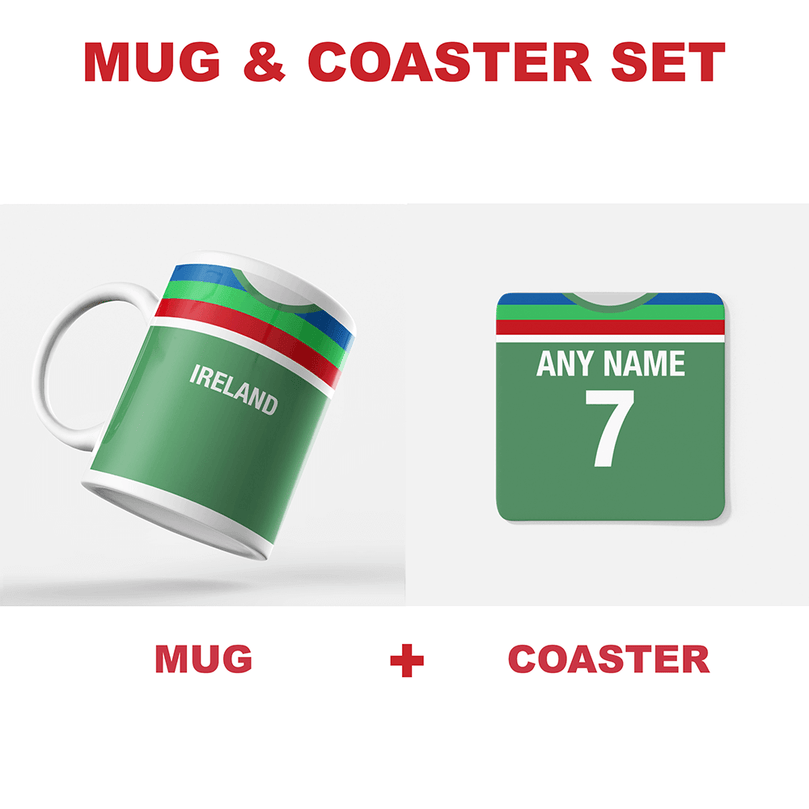Ireland Retro Style Home Kit Shirt Inspired Colours for Personalised Football Coaster with optional Mug. Perfect item for the Men In Green fan.