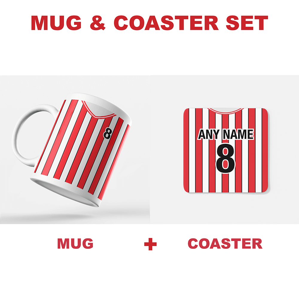 Sheffield United Retro Style Home Kit Shirt Inspired Colours for Personalised Football Mug with optional Coaster.