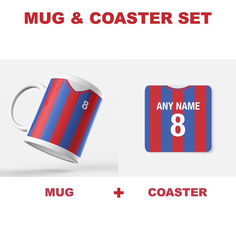 Crystal Palace Retro Style Home Kit Shirt Inspired Colours for Personalised Football Coaster with optional Mug.