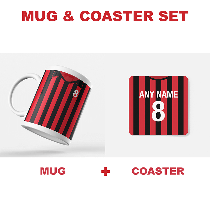 AC Milan Retro Style Home Kit Shirt Inspired Colours for Personalised Football Mug with optional Coaster.