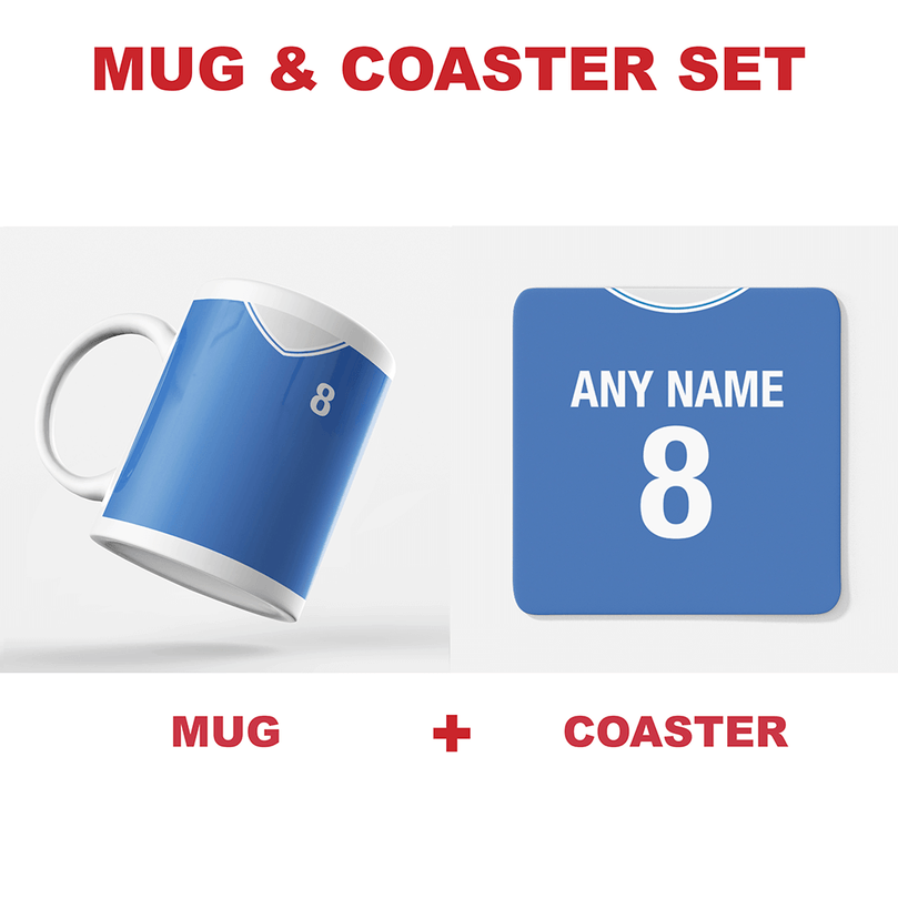 Cardiff City Retro Style Home Kit Shirt Inspired Colours for Personalised Football Mug with optional Coaster.