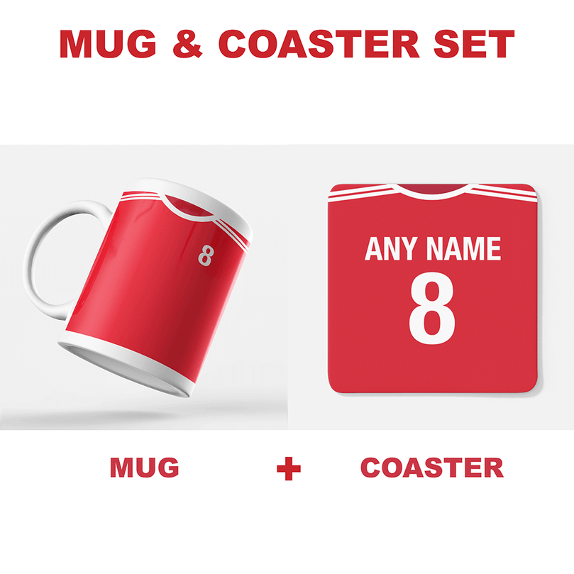 Manchester United Retro Home Kit Shirt Inspired Colours for Personalised Football Mug with optional Coaster.