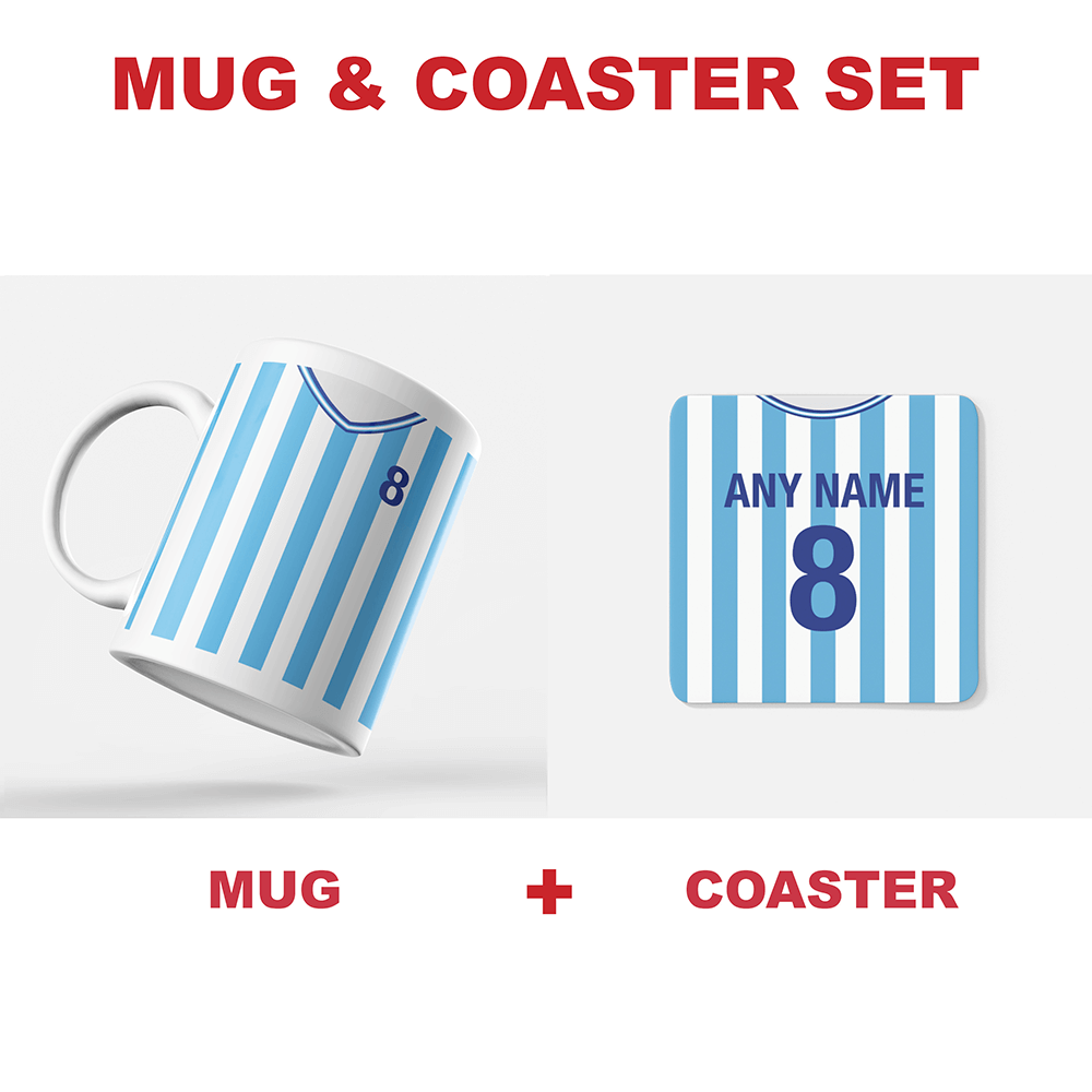 Coventry Retro Style Home Kit Shirt Inspired Colours for Personalised Football Coaster with optional Mug.