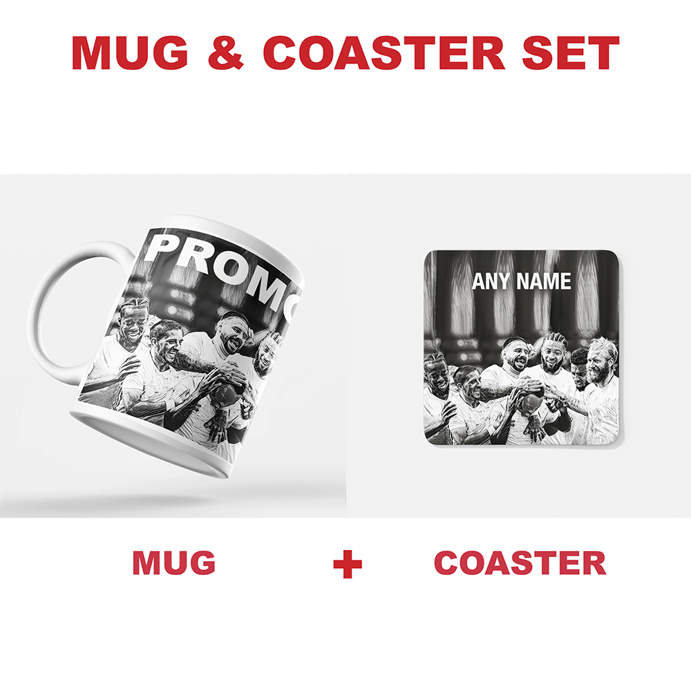 Fulham 2019/2020 Promoted Champions Inspired Colours for Personalised Football Coaster with optional Mug. Perfect item for The Cottagers fan.