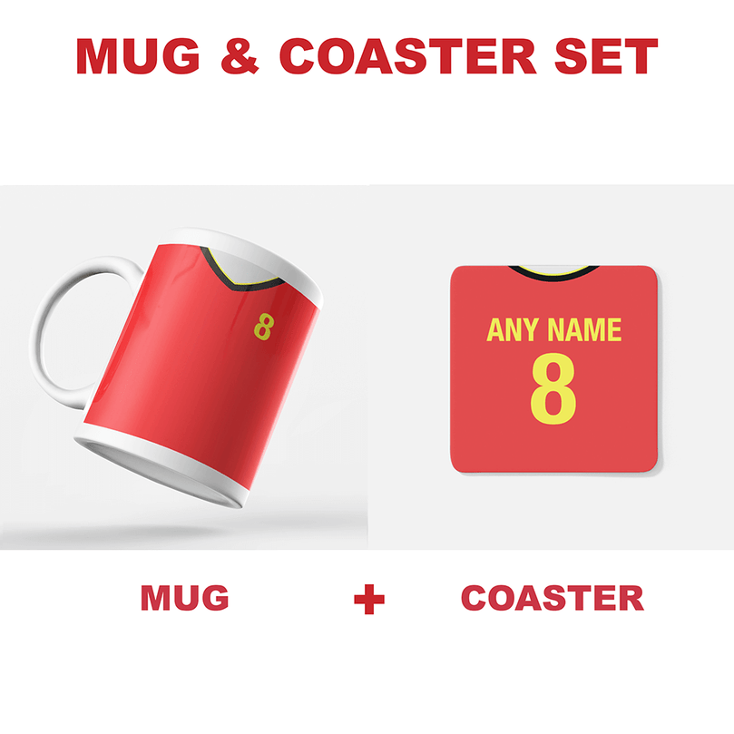 Belgium Retro Style Home Kit Shirt Inspired Colours for Personalised Football Coaster with optional Mug. Perfect item for the les Diables Rouges fan.