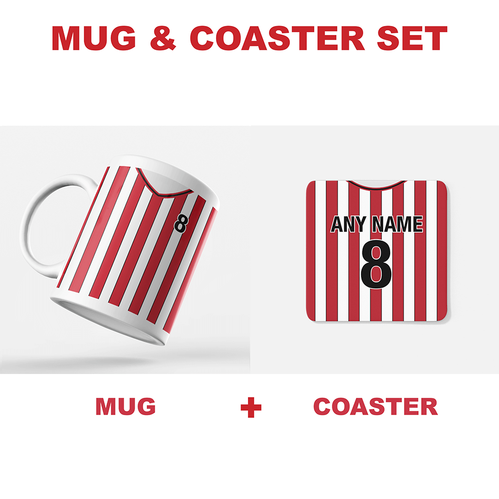 Southampton Retro Style Home Kit Shirt Inspired Colours for Personalised Football Coaster with optional Mug.
