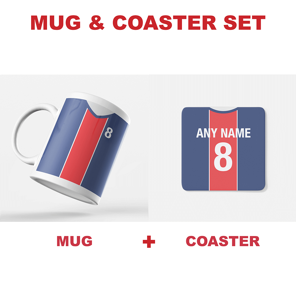 Paris Retro Style Home Kit Shirt Inspired Colours for Personalised Football Coaster with optional Mug. Perfect item for Les Rouge-et-Bleu fan.